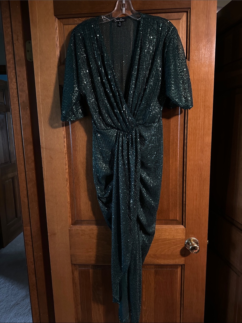 Baltic Born Deep Emerald Sequin Asymmetrical Wrap Dress